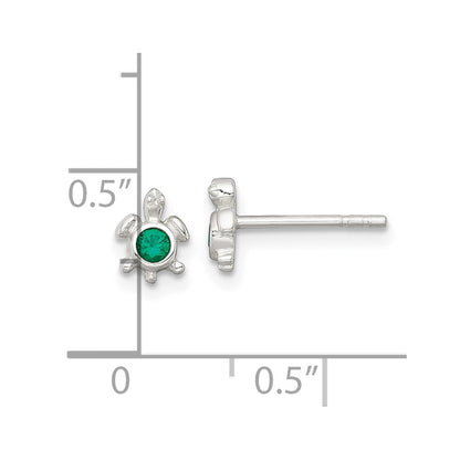 Sterling Silver Polished Green CZ Turtle Mini Post Earrings