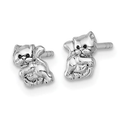 Sterling Silver Rhodium-plated Polished Enameled Cat Kitten Post Earrings