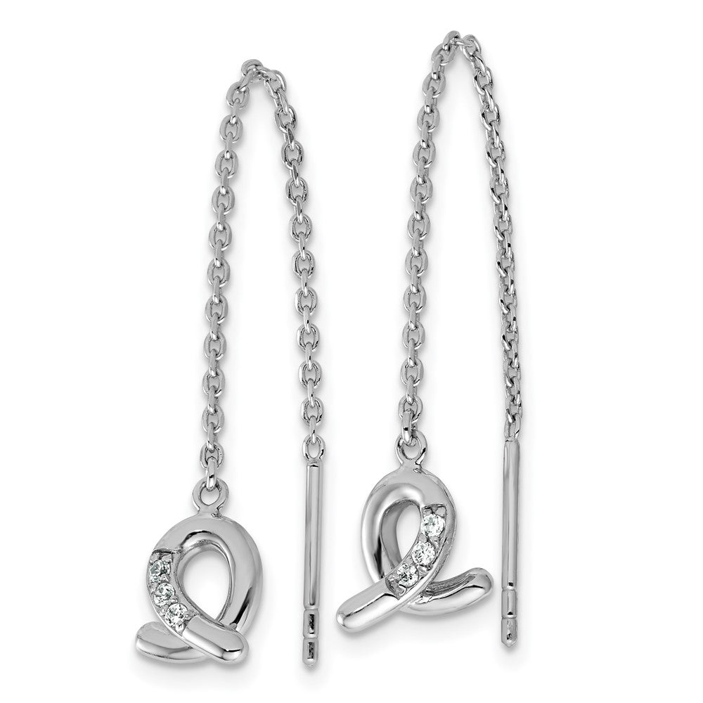 Sterling Silver Rhodium-plated CZ Awareness Ribbon Dangle Threader Earrings