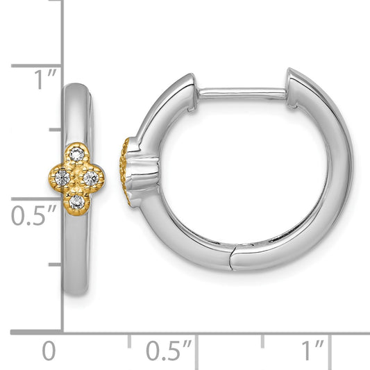 Sterling Silver Rhodium-plated with 14k Accent Polished CZ Hinged Hoop Earrings