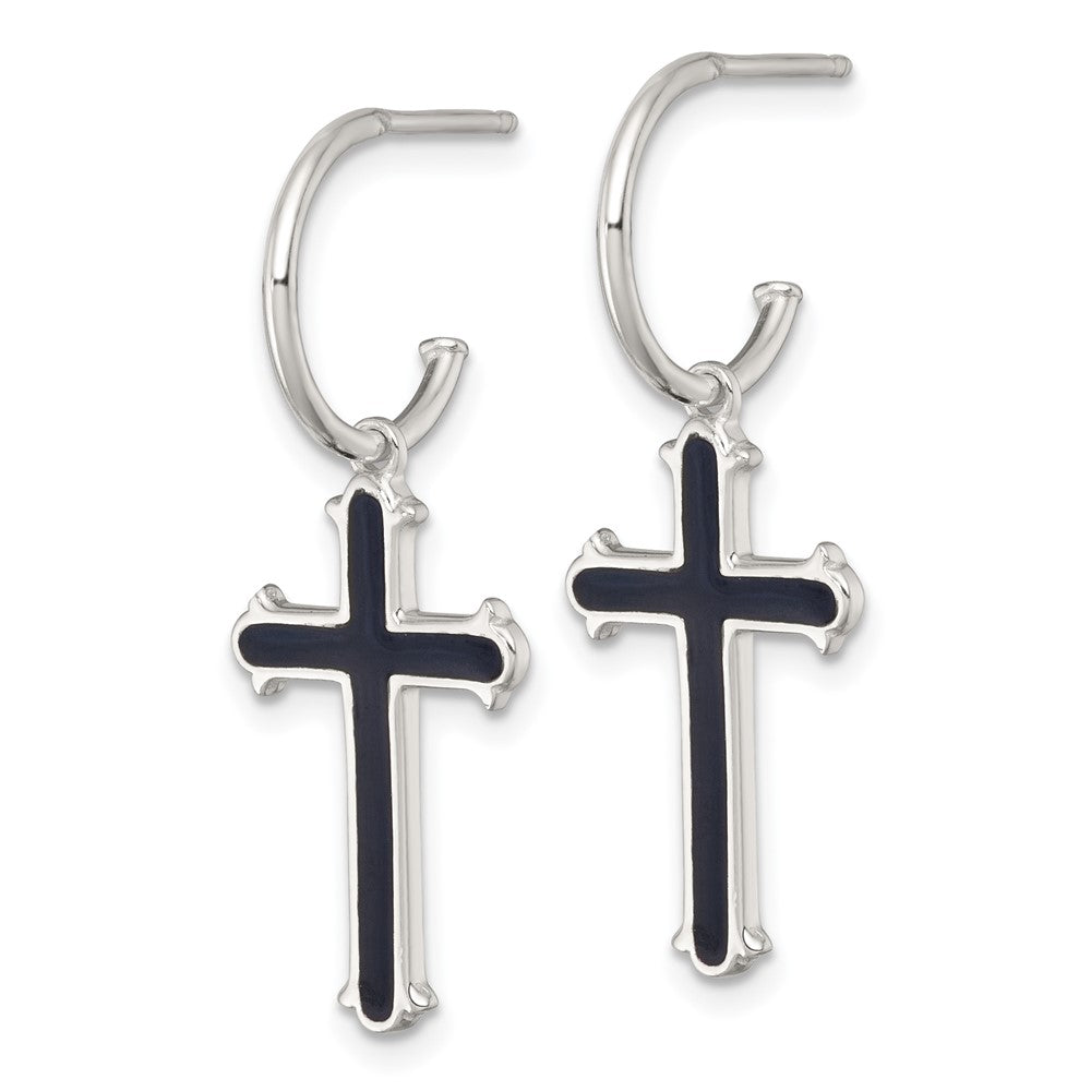 Sterling Silver Polished Black Enamel Cross Dangle C-Hoop Post Earrings