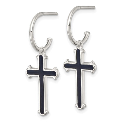 Sterling Silver Polished Black Enamel Cross Dangle C-Hoop Post Earrings