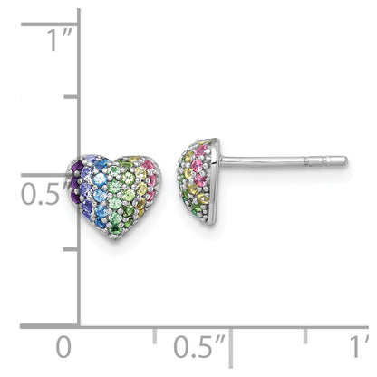 Sterling Silver Rhodium-plated Polished Rainbow Nano Crystals Heart Shape Childrens Post Earrings
