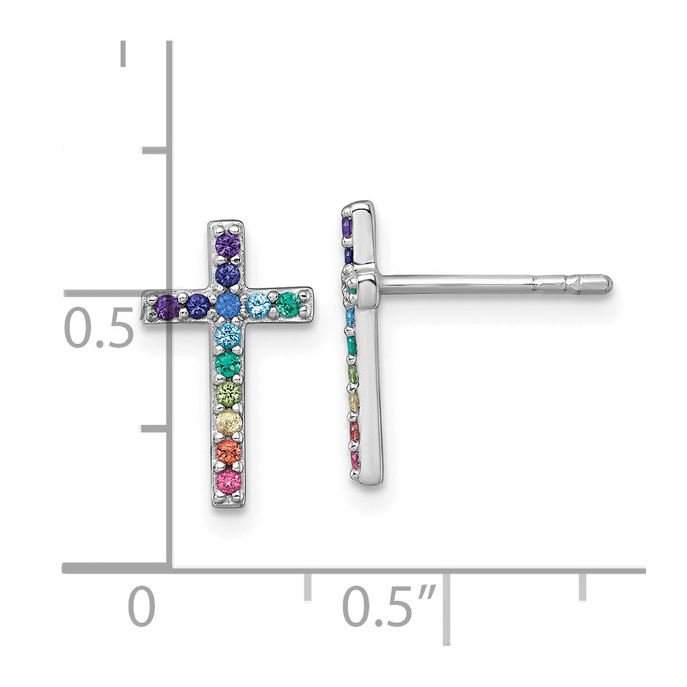 Sterling Silver Rhodium-plated Polished Rainbow Nano Crystals Childrens Cross Post Earrings