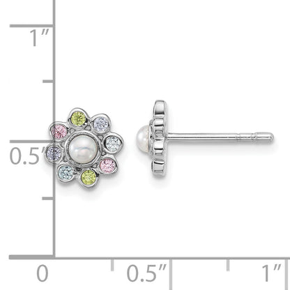 Sterling Silver Rhodium-plated Polished Green, Pink, Blue and Purple CZ and Freshwater Cultured Pearl Flower Post Earrings