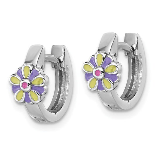 Sterling Silver Rhodium-plated Children's Purple, Yellow and Pink Enamel Flower Hinged Hoop Earrings