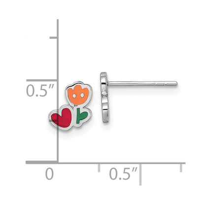 Sterling Silver Rhodium-plated Polished Orange/Red/Green Enamel Flower With Heart Childrens Post Earrings