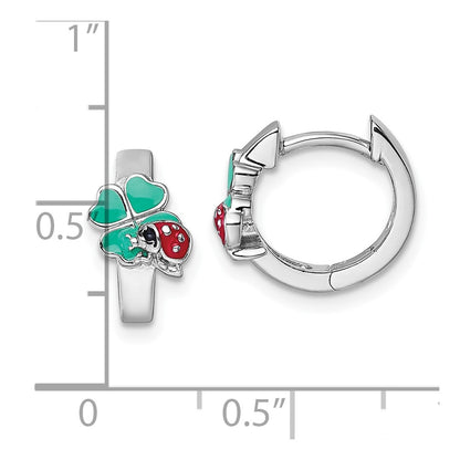 Sterling Silver Rhodium-plated Children's Green, Red and Black Enamel Ladybug 4-Leaf Clover Hinged Hoop Earrings