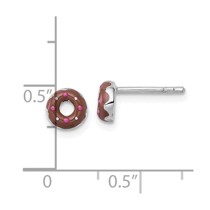 Sterling Silver Rhodium-plated Children's Brown with Pink and White Enamel Sprinkled Donut Post Earrings