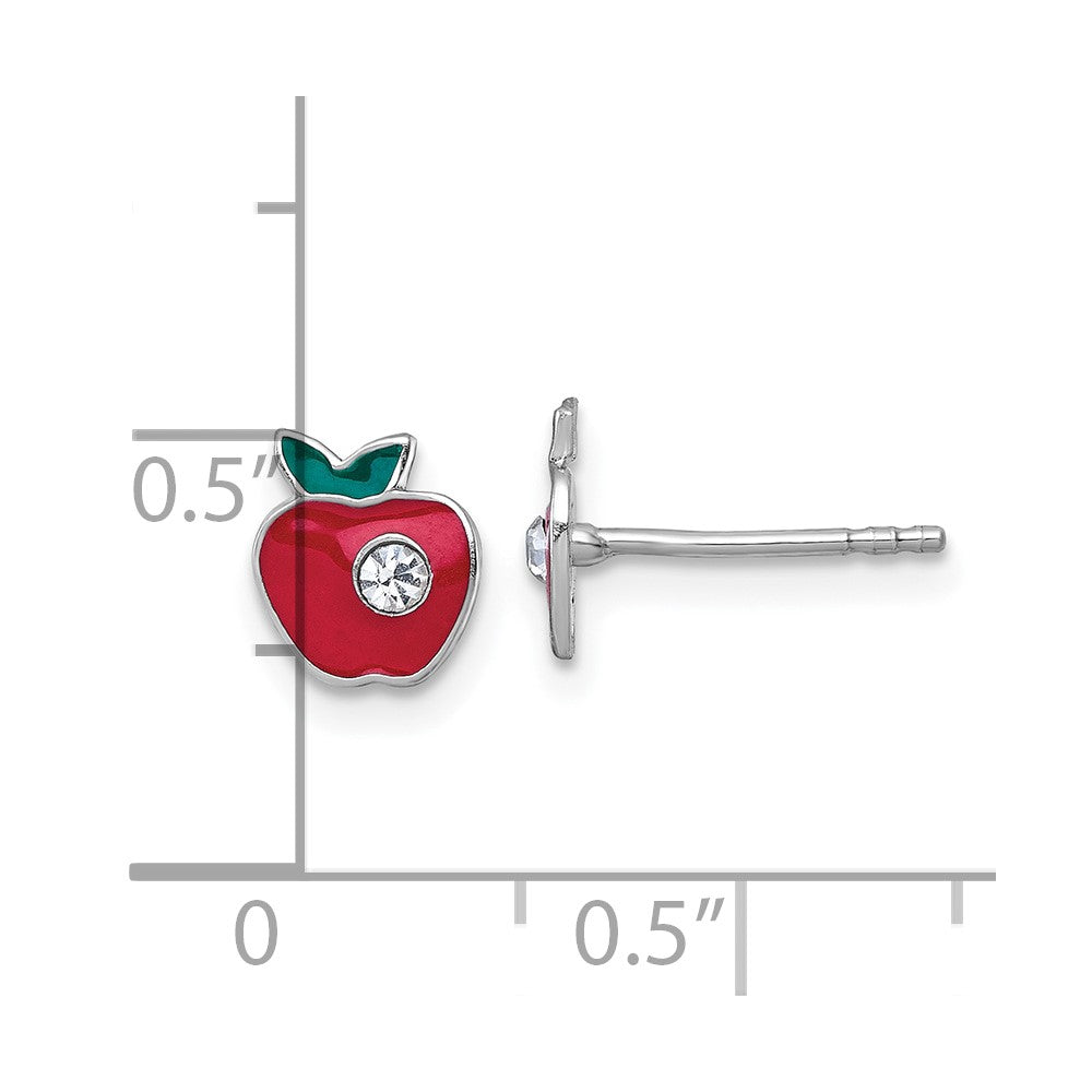 Sterling Silver Madi K Rhodium-plated Enameled Red Apple with Crystal Childrens Post Earrings