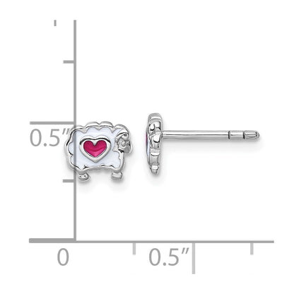 Sterling Silver Rhodium-plated Children's White and Pink Enamel Sheep with Heart Post Earrings