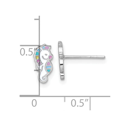 Sterling Silver Rhodium-plated Polished White and Rainbow Enamel Seahorse Childrens Post Earrings