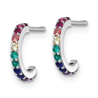 Sterling Silver Rhodium-plated Polished Rainbow Nano Crystals Childrens J-Hoop Post Earrings