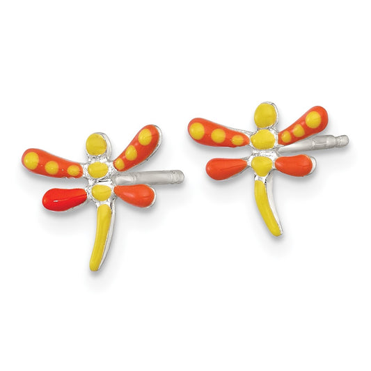 Sterling Silver Polished Yellow and Orange Enameled Dragonfly Post Earrings