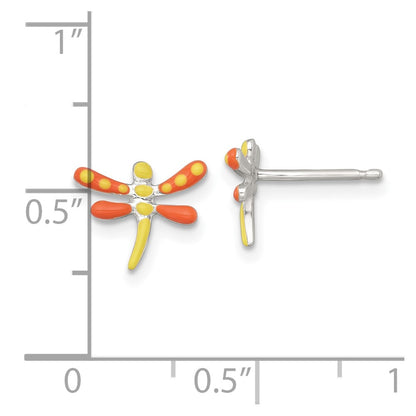 Sterling Silver Polished Yellow and Orange Enameled Dragonfly Childrens Post Earrings