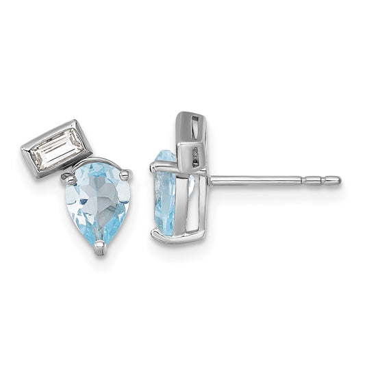 Sterling Silver Rhodium-plated Polished Pear Sky Blue and Emerald-cut White Topaz Post Earrings
