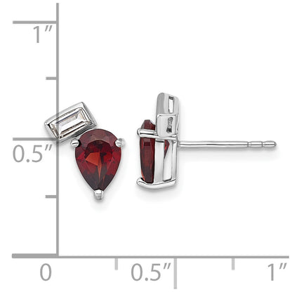 Sterling Silver Rhodium-plated Polished Pear Garnet and Emerald-cut White Topaz Post Earrings
