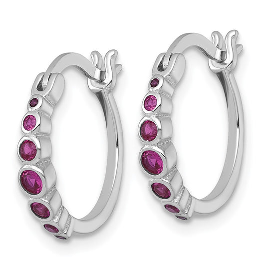 Sterling Silver Rhodium-plated Graduated Red Lab Created Ruby Hoop Earrings