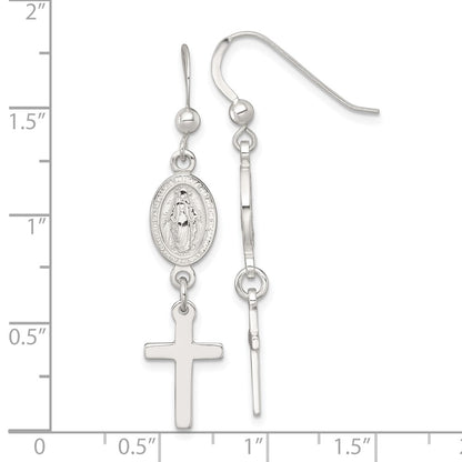 Sterling Silver Polished Spanish Miraculous Medal and Cross Dangle Shepherd Hook Earrings