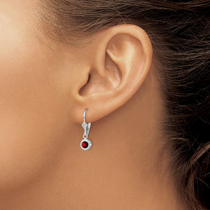 Sterling Silver Rhodium Plated 5mm Round Garnet Leverback Earrings