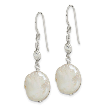 Sterling Silver Polished White 12-13mm Coin Freshwater Cultured Pearl & CZ Dangle Earrings