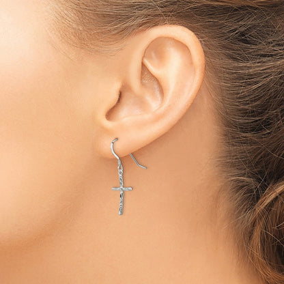 Sterling Silver Polished & Textured Cross Dangle Earrings