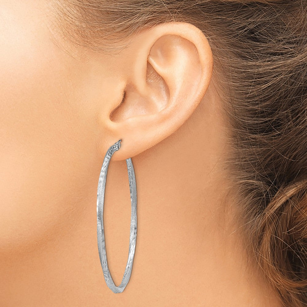Sterling Silver RH-plated Satin Diamond-cut 2.5x55mm Twisted Hoop Earrings