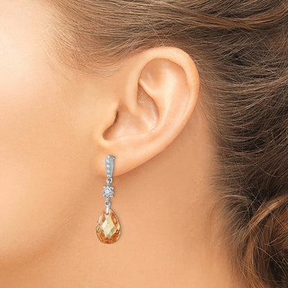 Sterling Silver Rhodium-plated Polished & Textured Champagne & White CZ Teardrop Post Dangle Earrings