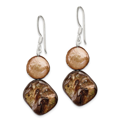 Sterling Silver Polished Brown Mother of Pearl/FWC Pearl Dangle Earrings