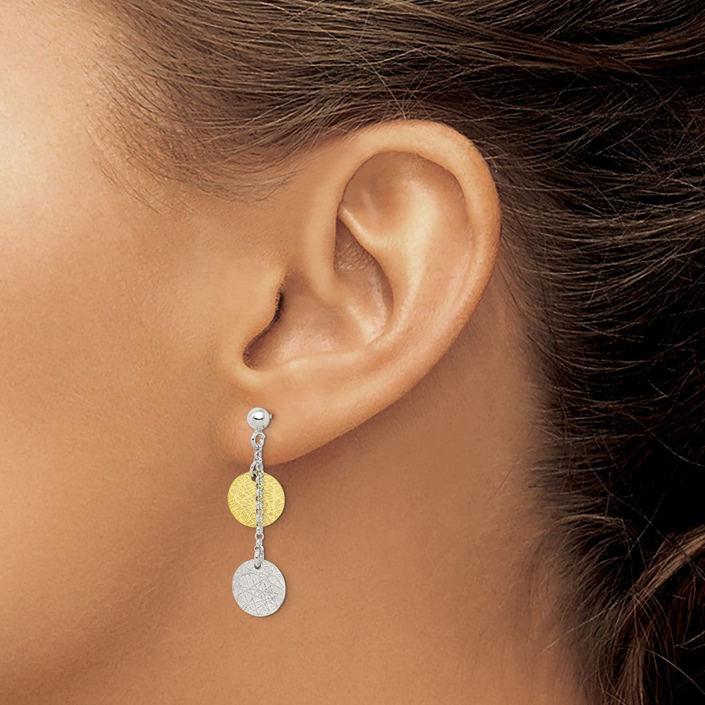 Sterling Silver w/ Yellow Vermeil Polished & Textured Circle Dangle Earring