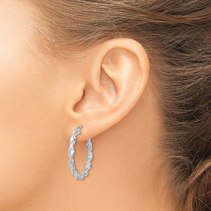 Sterling Silver Rhodium Plated Twisted 3.5x30mm Hoop Earrings
