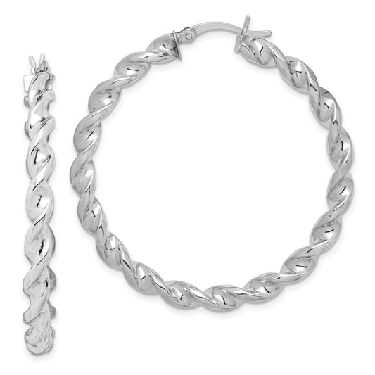 Sterling Silver Rhodium Plated Twisted 3.5x45mm Hoop Earrings