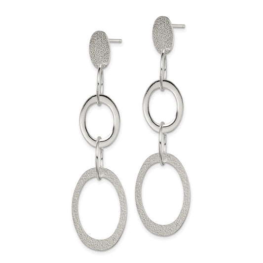 Sterling Silver Polished & Textured Circle & Oval Links Post Dangle Earring