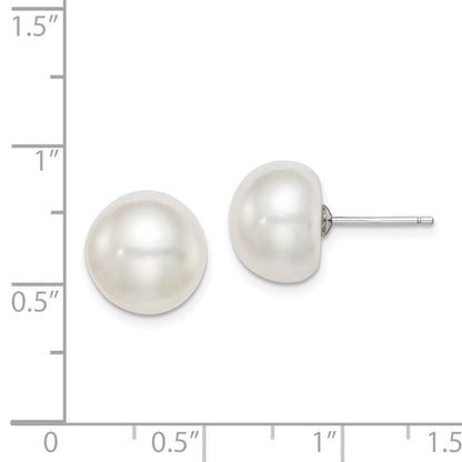 Sterling Silver Rhodium-plated 11-12mm White Button Freshwater Cultured Pearl Post Earrings