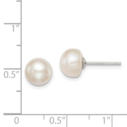 Sterling Silver Rhodium-plated 8-9mm White Button Freshwater Cultured Pearl Post Earrings