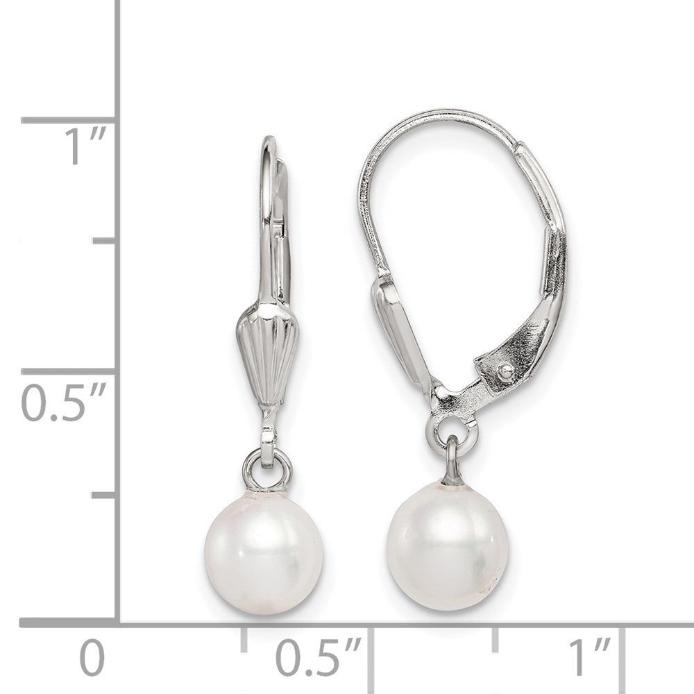 Sterling Silver Rhodium-plated 6-7mm White Round Freshwater Cultured Pearl Leverback Dangle Earrings