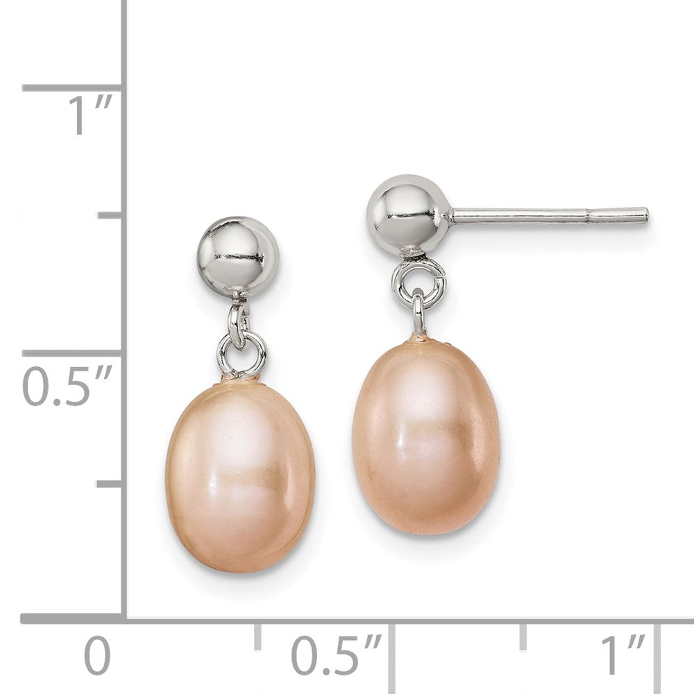 Sterling Silver Rhodium-plated 7-8mm Pink Teardrop Freshwater Cultured Pearl Post Dangle Earrings