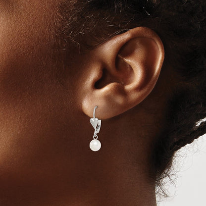 Sterling Silver Rhodium-plated 6-7mm White Round Freshwater Cultured Pearl Heart Leverback Dangle Earrings