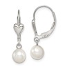 Sterling Silver Rhodium-plated 6-7mm White Round Freshwater Cultured Pearl Heart Leverback Dangle Earrings