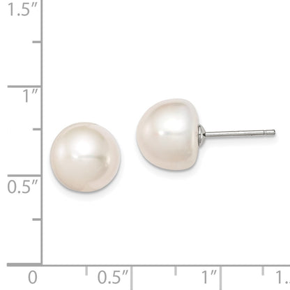 Sterling Silver Rhodium-plated 10-11mm White Button Freshwater Cultured Pearl Post Earrings