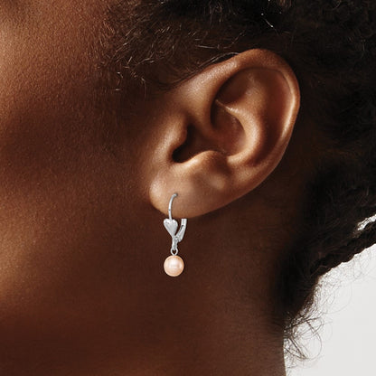 Sterling Silver Rhodium-plated 6-7mm Pink Round Freshwater Cultured Pearl Heart Leverback Dangle Earrings