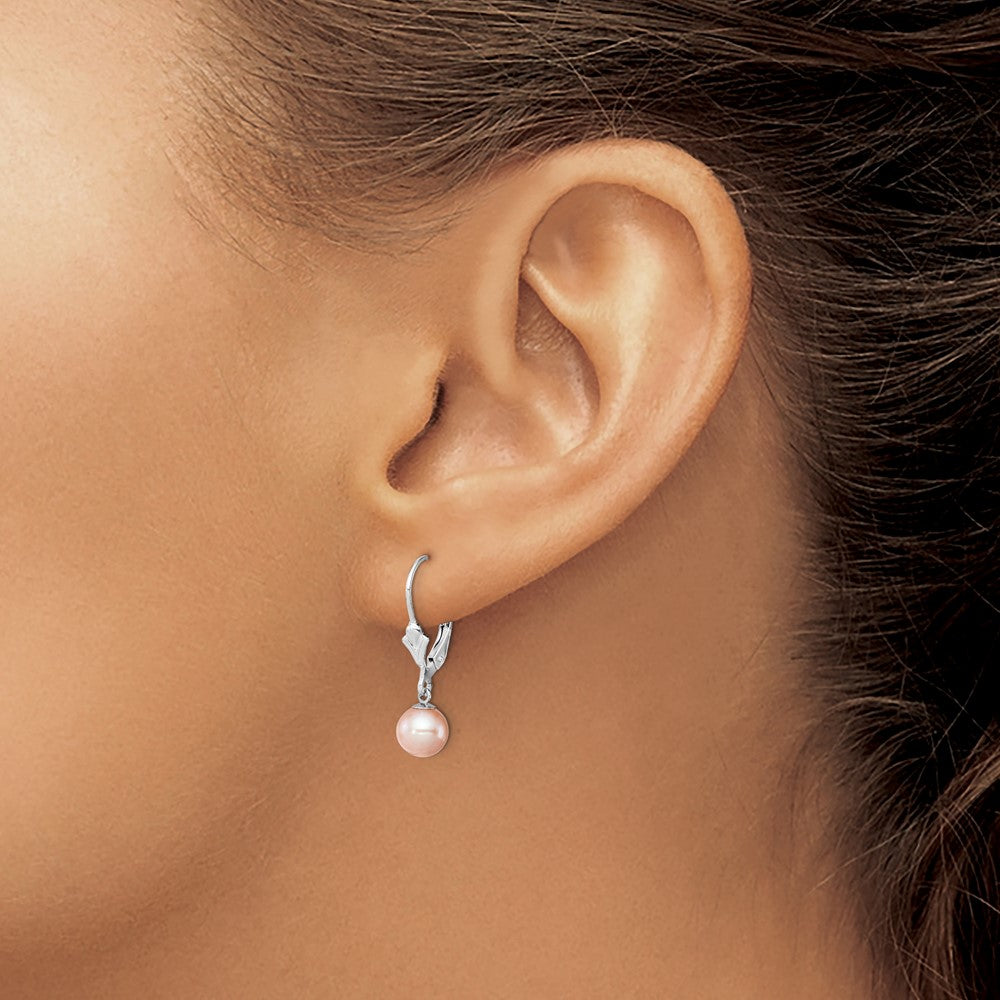 Sterling Silver Rhodium-plated 6-7mm Pink Round Freshwater Cultured Pearl Leverback Dangle Earrings