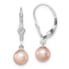 Sterling Silver Rhodium-plated 6-7mm Pink Round Freshwater Cultured Pearl Leverback Dangle Earrings