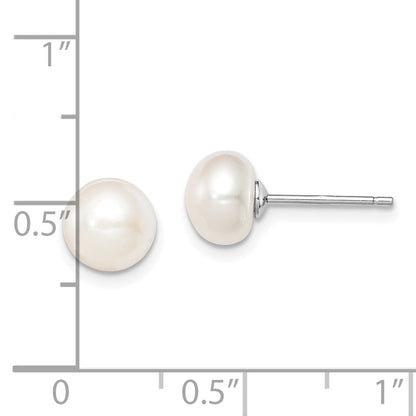 Sterling Silver Rhodium-plated 7-8mm White Button Freshwater Cultured Pearl Post Earrings