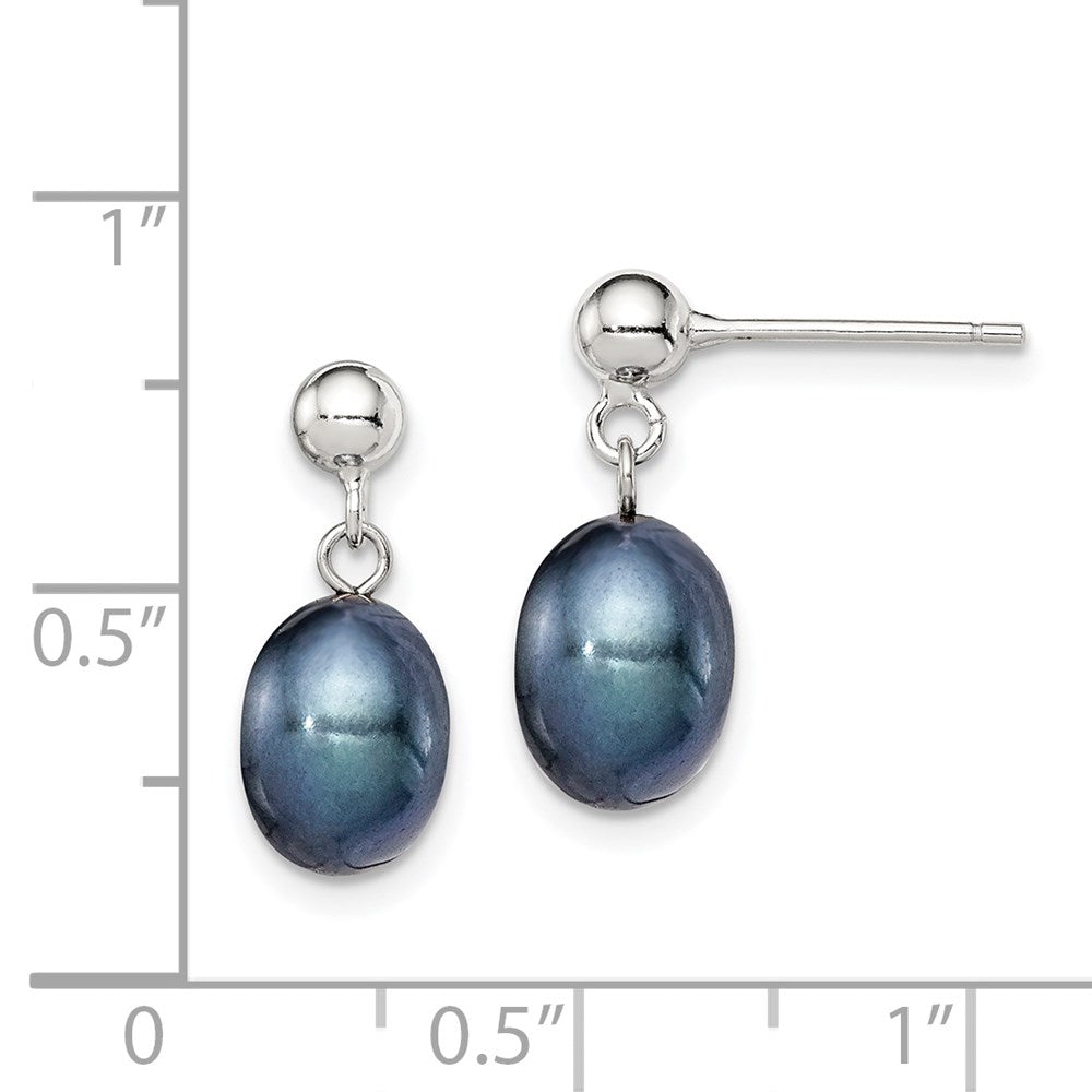 Sterling Silver Rhodium-plated 7-8mm Black Rice Freshwater Cultured Pearl Post Dangle Earrings