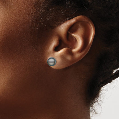 Sterling Silver Rhodium-plated 8-9mm Black Button Freshwater Cultured Pearl Post Earrings