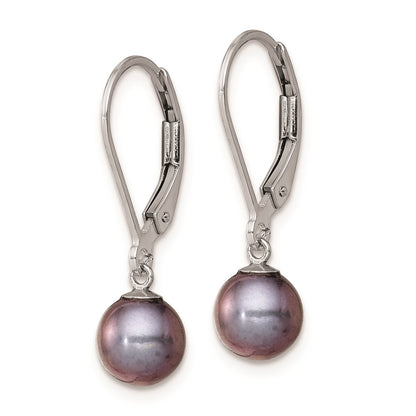 Sterling Silver Rhodium-plated 6-7mm Black Round Freshwater Cultured Pearl Leverback Dangle Earrings