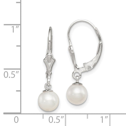 Sterling Silver Rhodium-plated 6-7mm White Round Freshwater Cultured Pearl Leverback Dangle Earrings