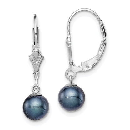 Sterling Silver Rhodium-plated 6-7mm Black Round Freshwater Cultured Pearl Leverback Dangle Earrings