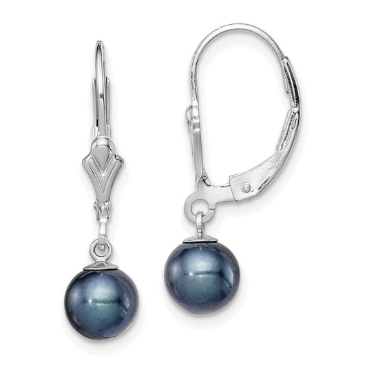 Sterling Silver Rhodium-plated 6-7mm Black Round Freshwater Cultured Pearl Leverback Dangle Earrings